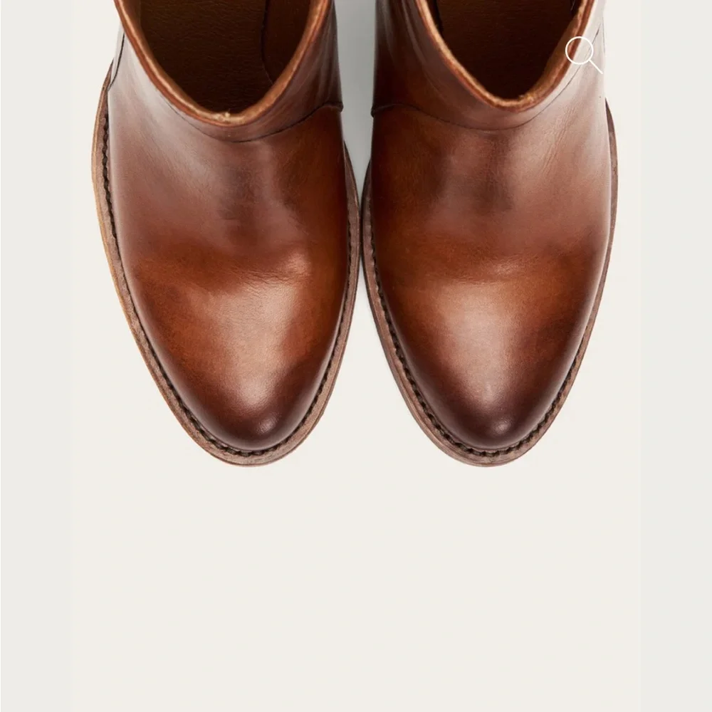 Frye Mustang Seam Short Cognac Brown Leather Cowboy Pull-on Heeled Ankle Bootie - Picture 5 of 15